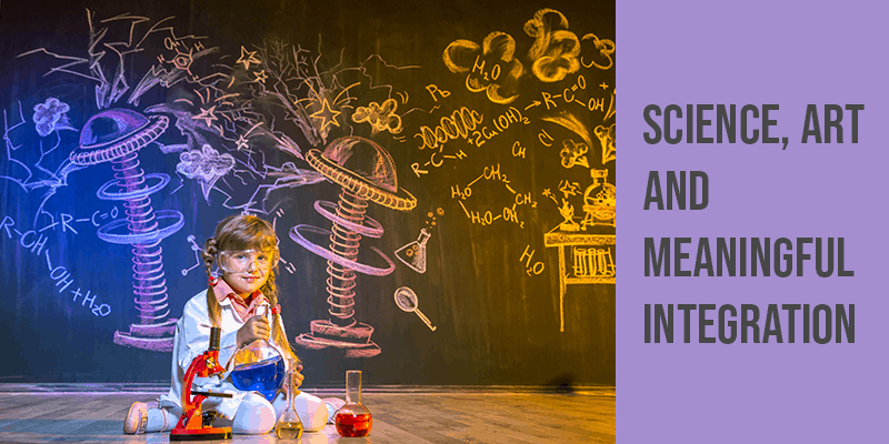 A small girl wearing spectacles performing on the stage with science lab equipment and chemicals with an intention to explain in an artistic way.