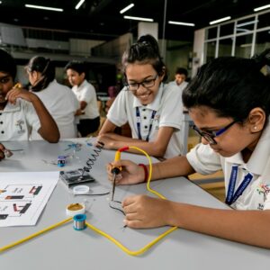 School students are experimenting with wires and tester in their physics laboratory.