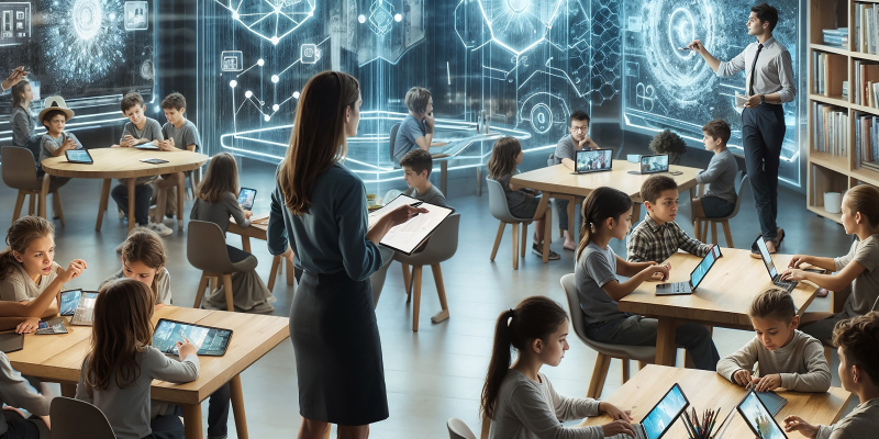 School students working on laptops and computers with the assistance of teachers in a digital environment.