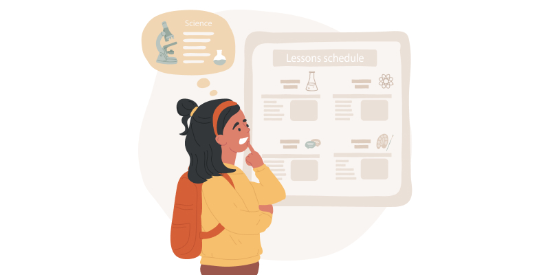 A vector image of a girl thinking on selecting her subjects.