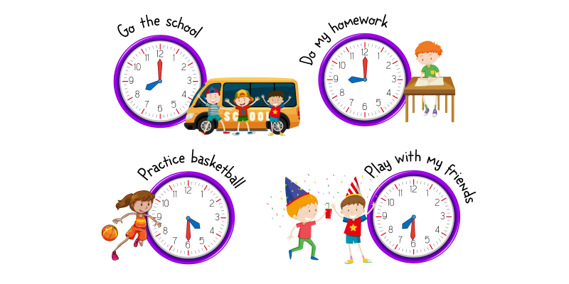A vector illustration depicting time management in school children.