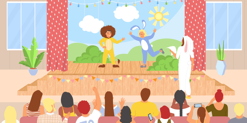 A vector image of students performing on stage representing the concept of observation in school children.